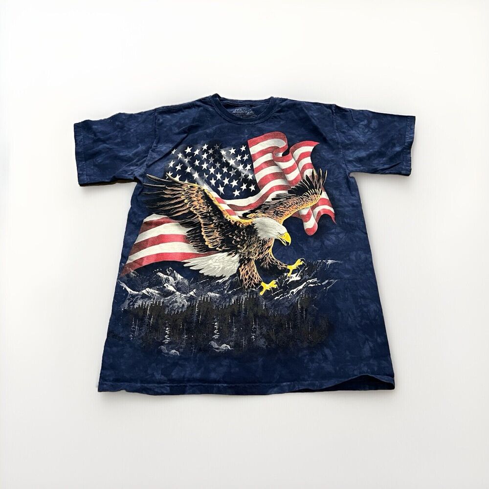 The Mountain Mens Blue Tie Dye Eagle American Flag Graphic Print T-Shirt Size M
